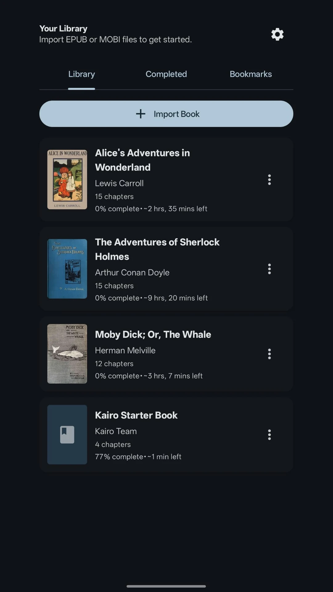 Kairo library with imported books, progress and bookmarks