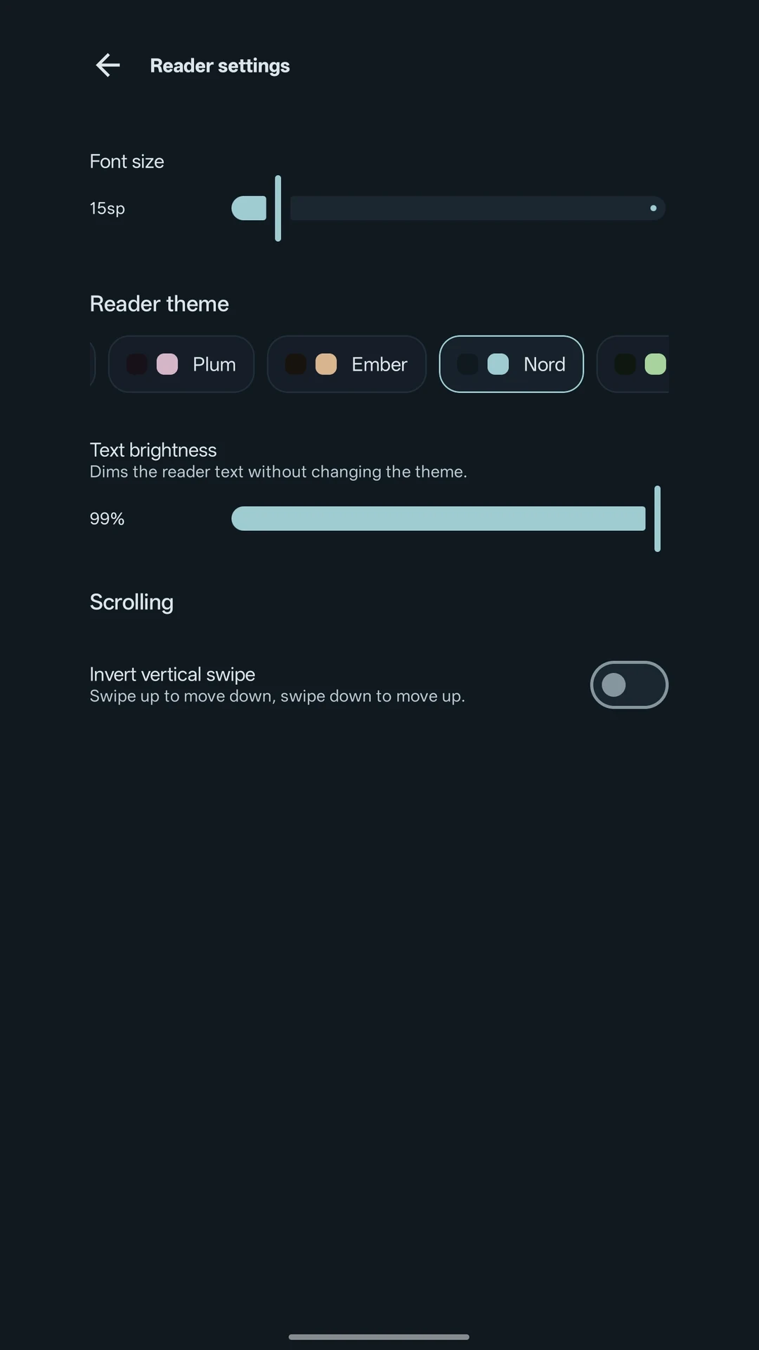 Kairo reader settings with font, theme, brightness and scrolling options