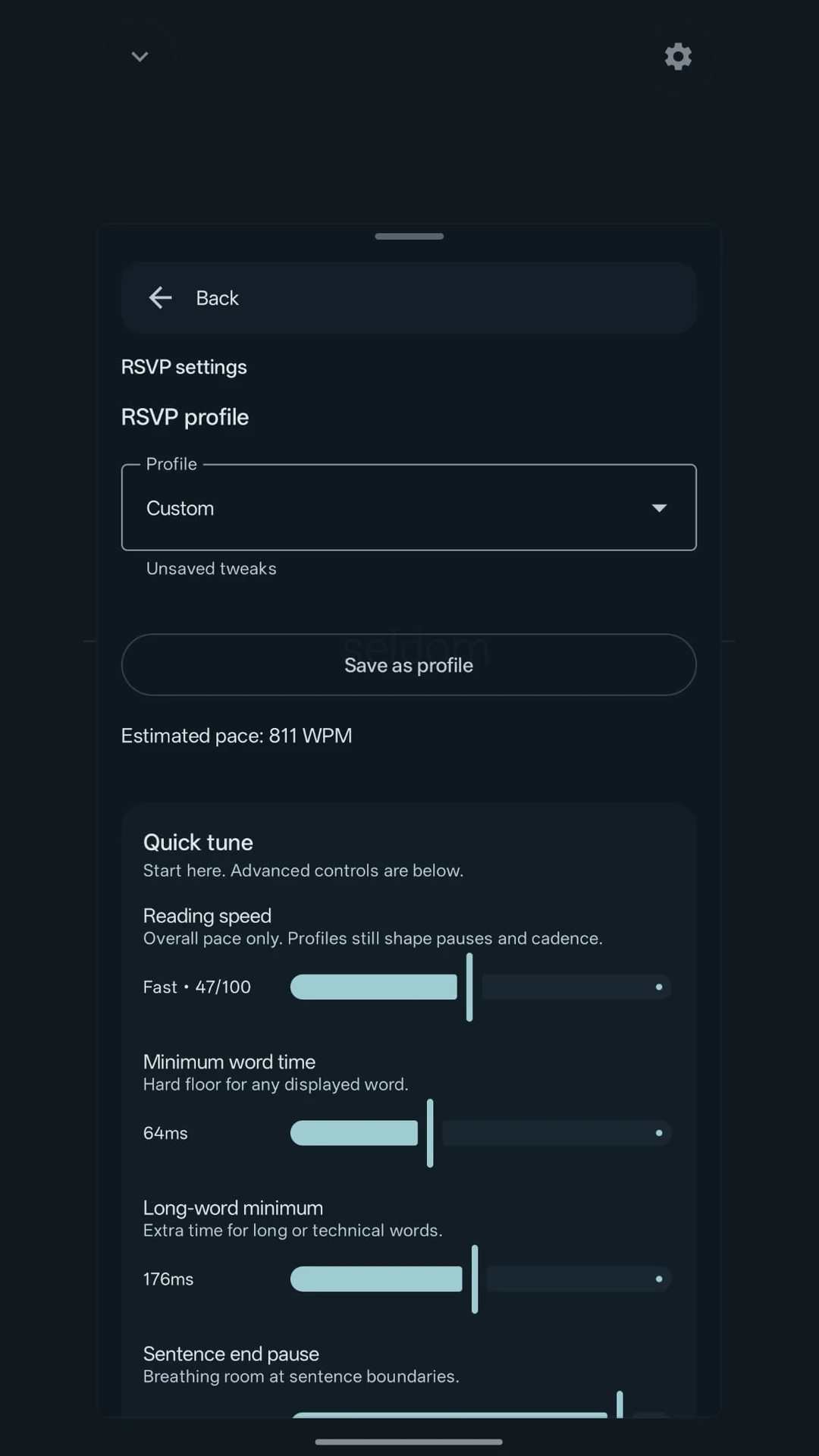 Kairo RSVP settings with profile and timing controls