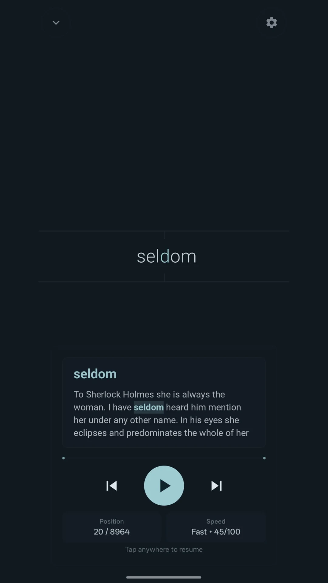 Kairo RSVP screen with a focused word and playback controls