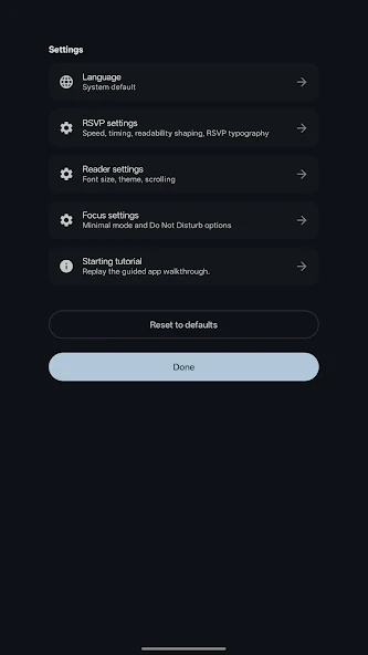 Kairo settings home with RSVP, reader, focus and startup settings